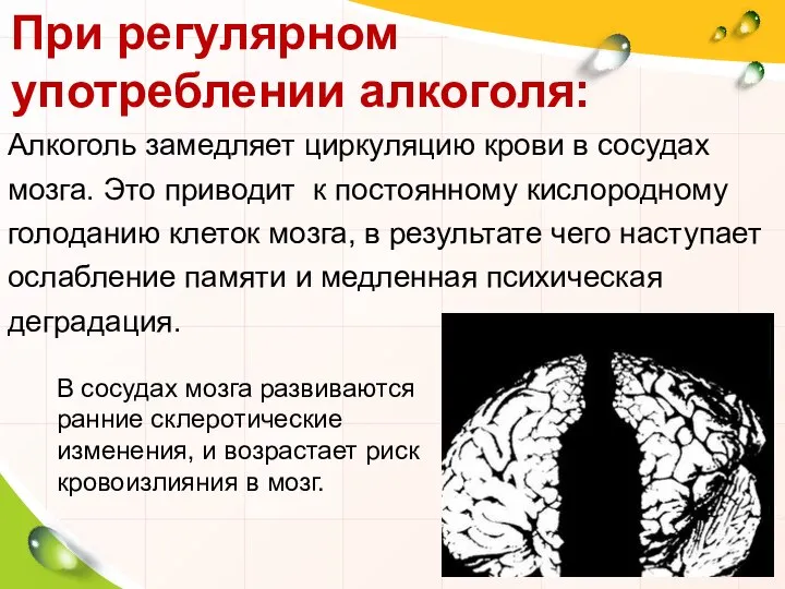 Алкоголь замедляет циркуляцию крови в сосудах мозга. Это приводит к постоянному кислородному