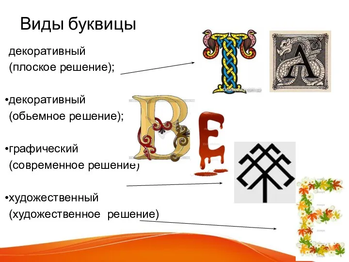 Виды буквицы декоративный (плоское решение); декоративный (обьемное решение); графический (современное решение) художественный (художественное решение)