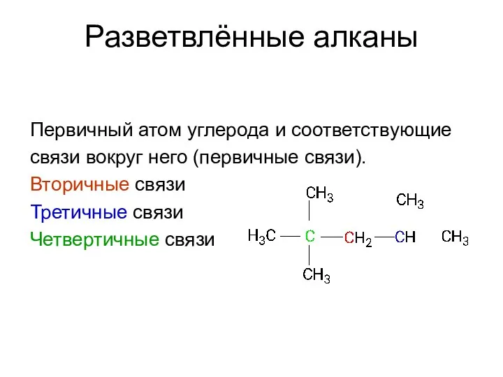 Разветвлённые алканы Первичный атом углерода и соответствующие связи вокруг него (первичные связи).