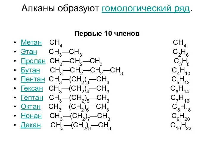 Алканы образуют гомологический ряд. Первые 10 членов Метан CH4 CH4 Этан CH3—CH3