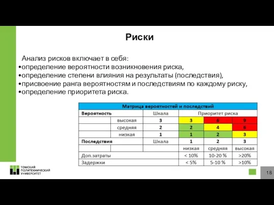 Риски Анализ рисков включает в себя: определение вероятности возникновения риска, определение степени