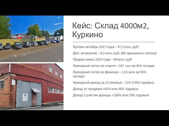 Кейс: Склад 4000м2, Куркино Куплен октябрь 2017 года – 47,3 млн. руб