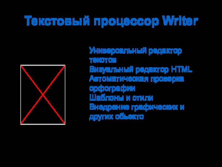 Текстовый процессор Writer Универсальный редактор текстов Визуальный редактор HTML Автоматическая проверка орфографии