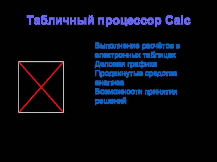 Табличный процессор Calс Выполнение расчётов в электронных таблицах Деловая графика Продвинутые средства анализа Возможности принятия решений