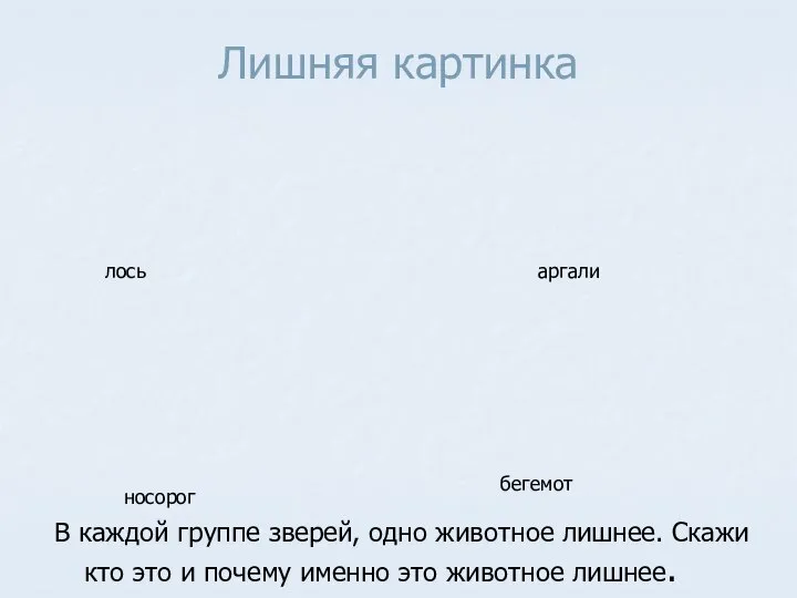 Лишняя картинка В каждой группе зверей, одно животное лишнее. Скажи кто это