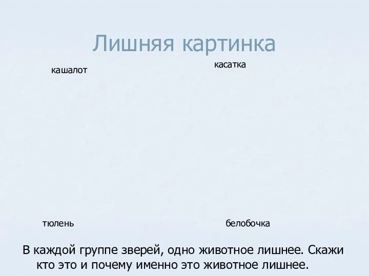 Лишняя картинка В каждой группе зверей, одно животное лишнее. Скажи кто это