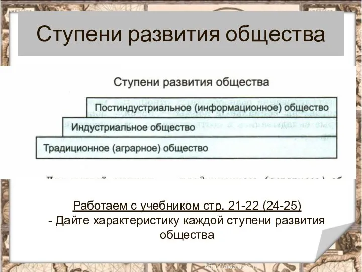 Ступени развития общества Работаем с учебником стр. 21-22 (24-25) - Дайте характеристику каждой ступени развития общества