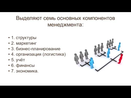 Выделяют семь основных компонентов менеджмента: 1. структуры 2. маркетинг 3. бизнес-планирование 4.