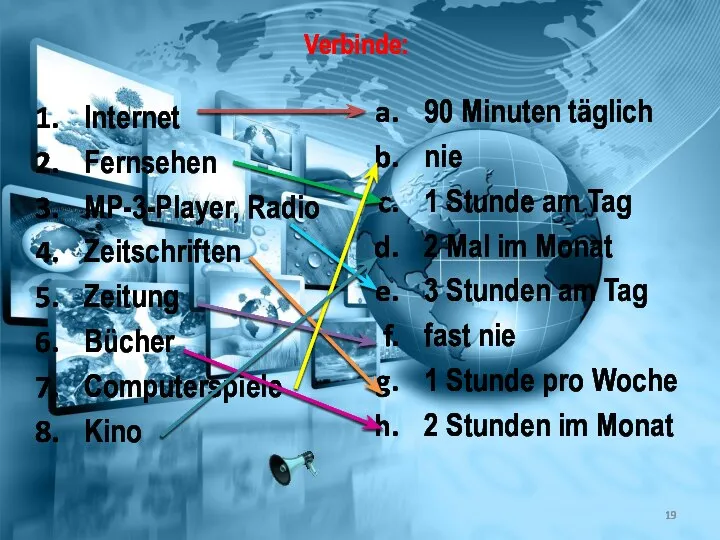 Verbinde: 90 Minuten täglich nie 1 Stunde am Tag 2 Mal im