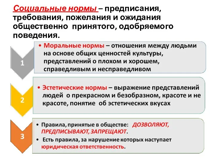 Социальные нормы – предписания, требования, пожелания и ожидания общественно принятого, одобряемого поведения.