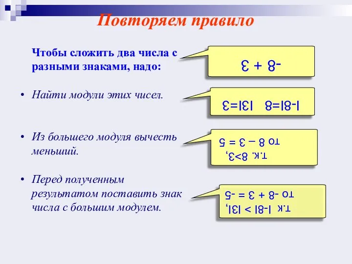 Чтобы сложить два числа с разными знаками, надо: Найти модули этих чисел.