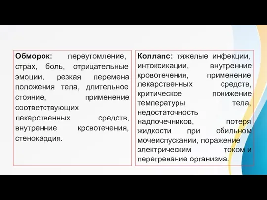 Причины Обморок: переутомление, страх, боль, отрицательные эмоции, резкая перемена положения тела, длительное