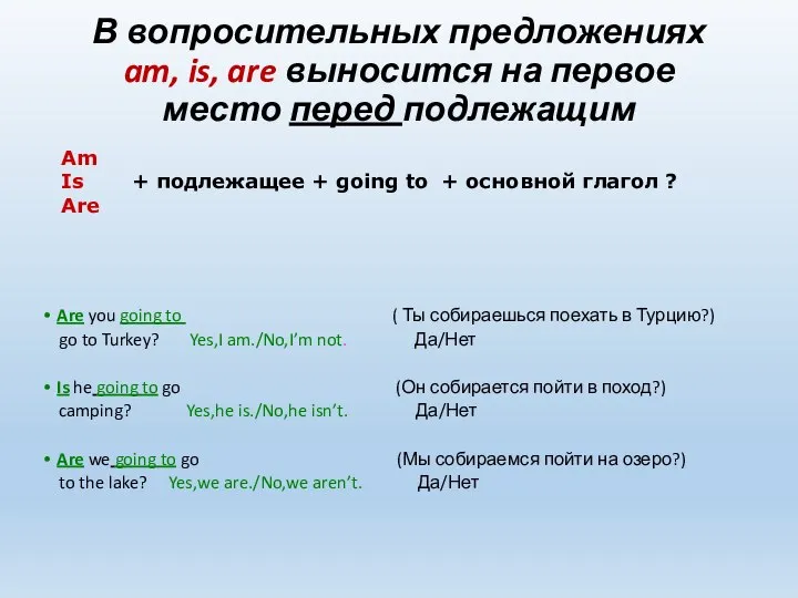 В вопросительных предложениях am, is, are выносится на первое место перед подлежащим