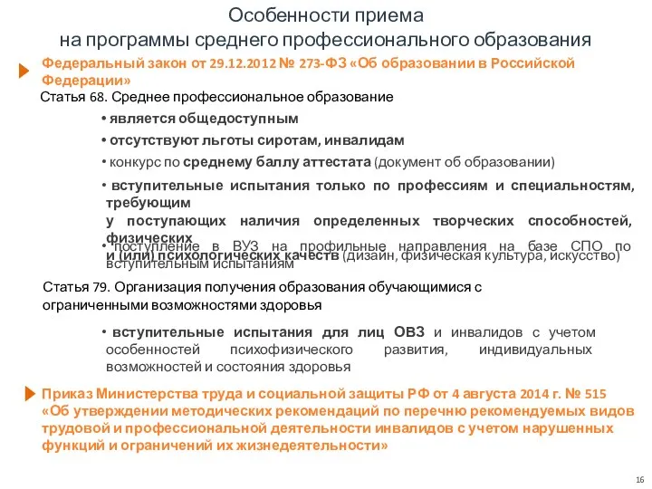 Особенности приема на программы среднего профессионального образования Статья 68. Среднее профессиональное образование