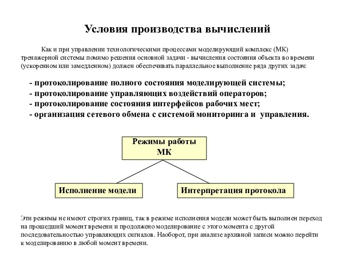 Условия производства вычислений Как и при управлении технологическими процессами моделирующий комплекс (МК)