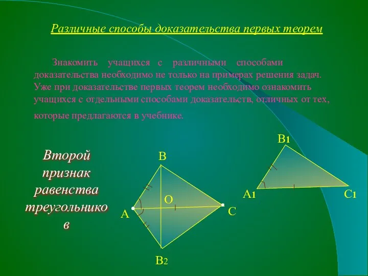 Различные способы доказательства первых теорем Знакомить учащихся с различными способами доказательства необходимо