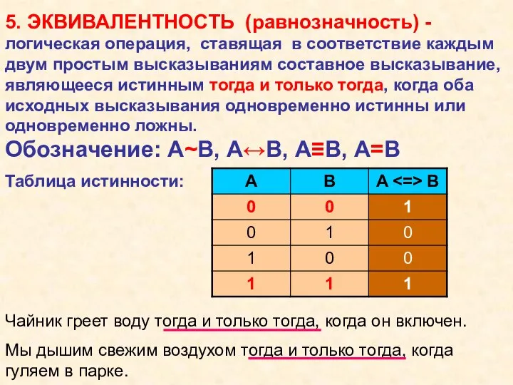 5. ЭКВИВАЛЕНТНОСТЬ (равнозначность) - Чайник греет воду тогда и только тогда, когда