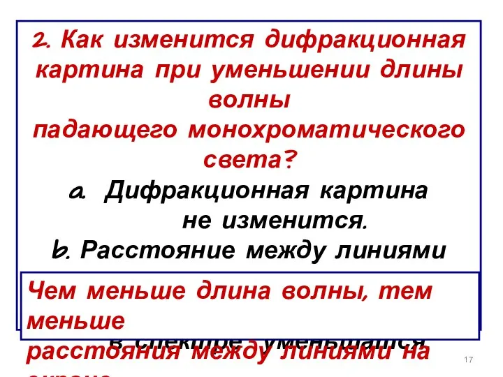 2. Как изменится дифракционная картина при уменьшении длины волны падающего монохроматического света?