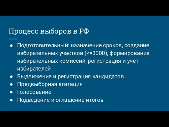 Процесс выборов в РФ Подготовительный: назначение сроков, создание избирательных участков ( Выдвижение
