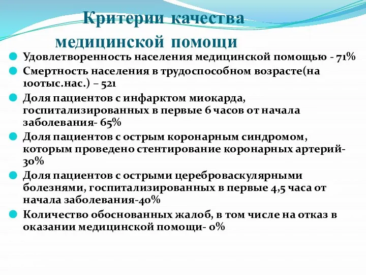 Критерии качества медицинской помощи Удовлетворенность населения медицинской помощью - 71% Смертность населения