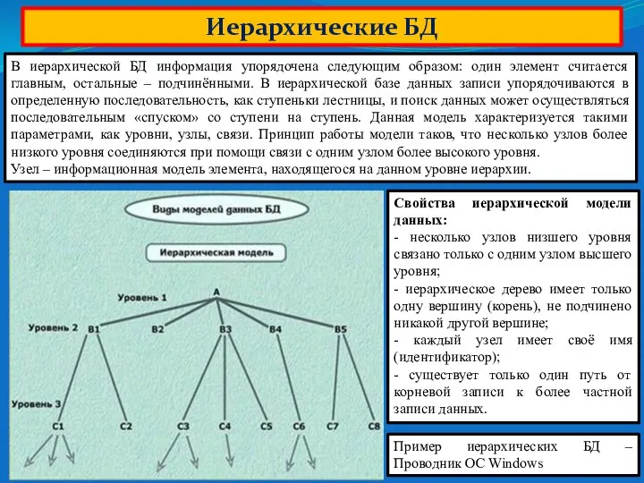 Иерархические БД В иерархической БД информация упорядочена следующим образом: один элемент считается