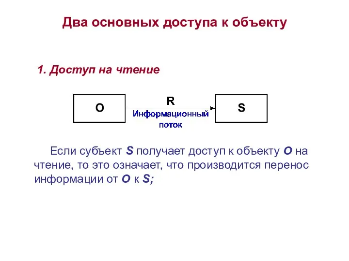 Два основных доступа к объекту 1. Доступ на чтение Если субъект S