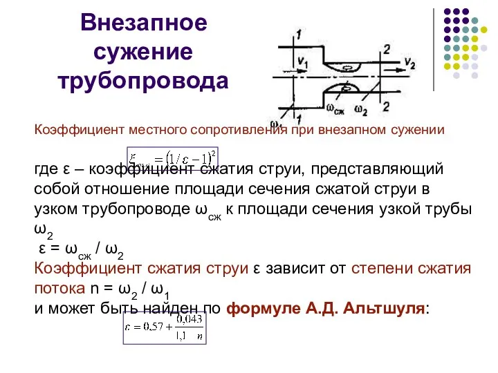 Внезапное сужение трубопровода Коэффициент местного сопротивления при внезапном сужении где ε –