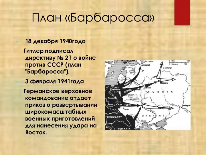 План «Барбаросса» 18 декабря 1940года Гитлер подписал директиву № 21 о войне