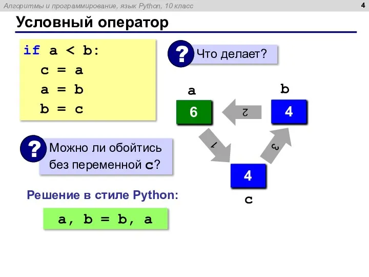 Условный оператор if a с = a a = b b =