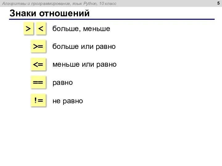 Знаки отношений > >= == != больше, меньше больше или равно меньше