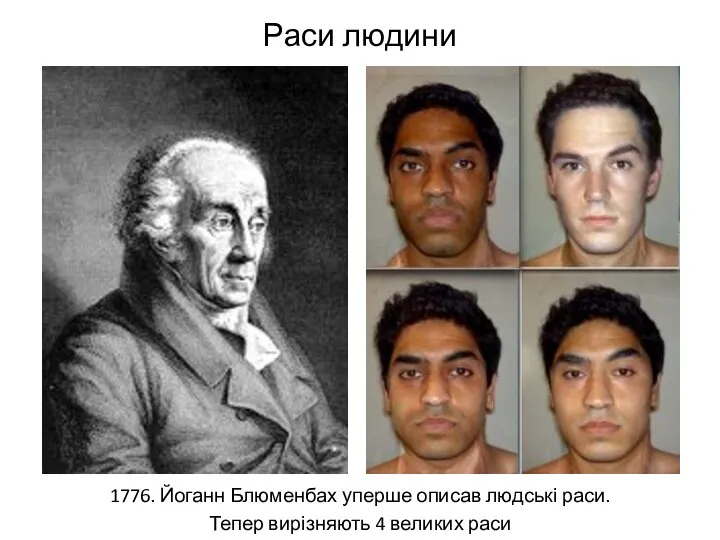 Раси людини 1776. Йоганн Блюменбах уперше описав людські раси. Тепер вирізняють 4 великих раси