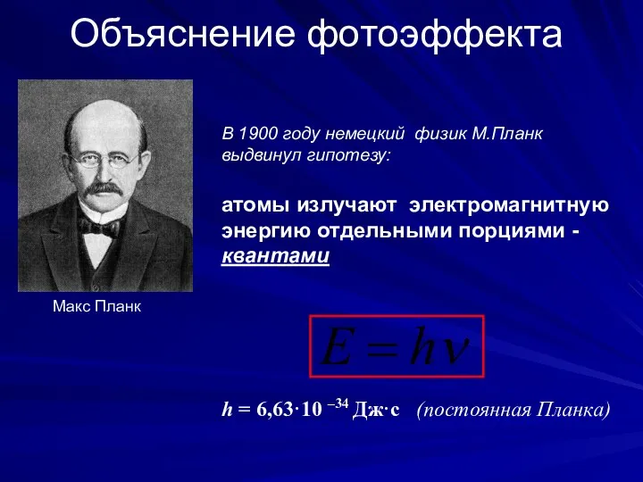 Объяснение фотоэффекта В 1900 году немецкий физик М.Планк выдвинул гипотезу: атомы излучают