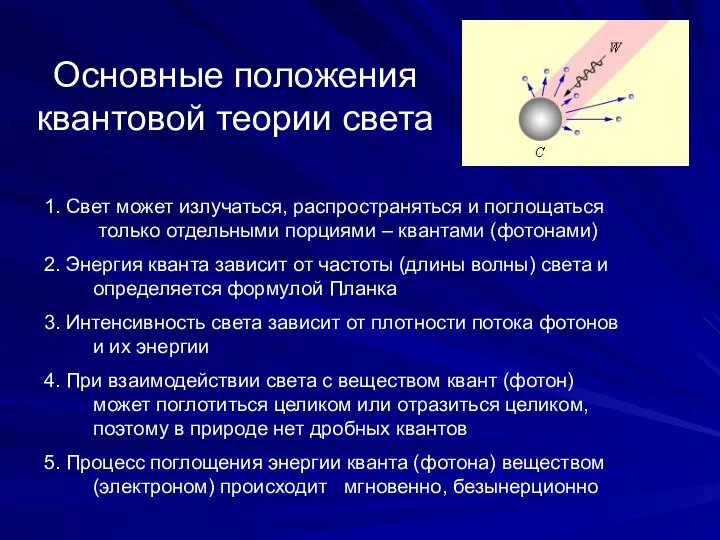 Основные положения квантовой теории света 1. Свет может излучаться, распространяться и поглощаться