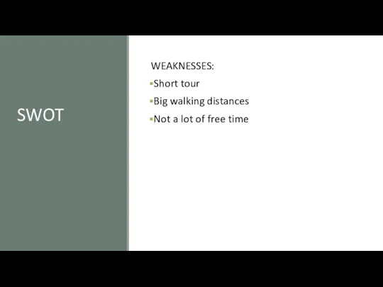 SWOT WEAKNESSES: Short tour Big walking distances Not a lot of free time