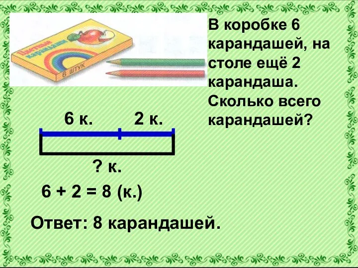 6 к. 2 к. ? к. 6 + 2 = 8 (к.)