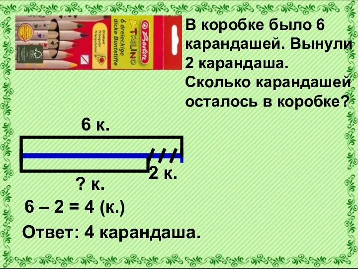 6 к. 2 к. ? к. 6 – 2 = 4 (к.)