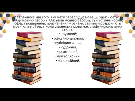 У залежності від того, яку мету переслідує мовець, здійснюється вибір мовних засобів.