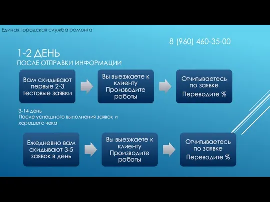 1-2 ДЕНЬ ПОСЛЕ ОТПРАВКИ ИНФОРМАЦИИ 3-14 день После успешного выполнения заявок и