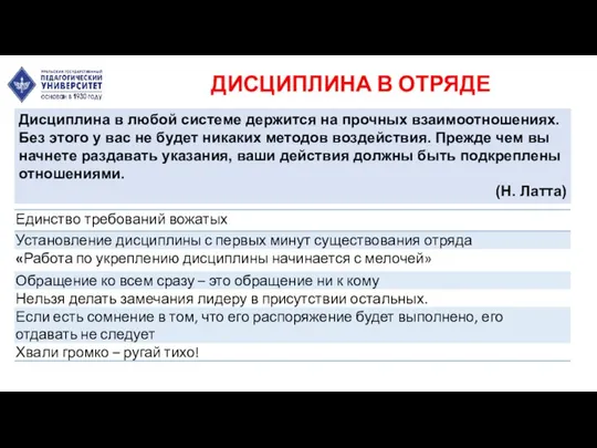 ДИСЦИПЛИНА В ОТРЯДЕ Дисциплина в любой системе держится на прочных взаимоотношениях. Без