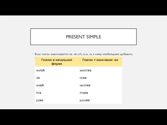 PRESENT SIMPLE Если глагол оканчивается на -sh,-ch,-s,-x, -o, к нему необходимо добавить окончание -es.