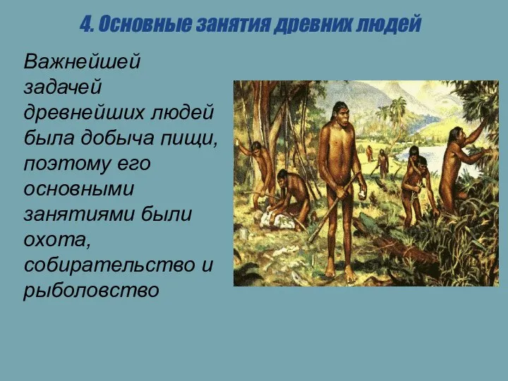 4. Основные занятия древних людей Важнейшей задачей древнейших людей была добыча пищи,