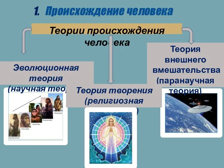 Теория внешнего вмешательства (паранаучная теория) Теории происхождения человека Эволюционная теория (научная теория)