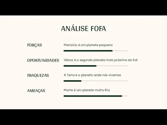 ANÁLISE FOFA Mercúrio é um planeta pequeno Vênus é o segundo planeta