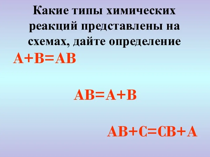 Какие типы химических реакций представлены на схемах, дайте определение A+B=AB AB=A+B AB+C=CB+A