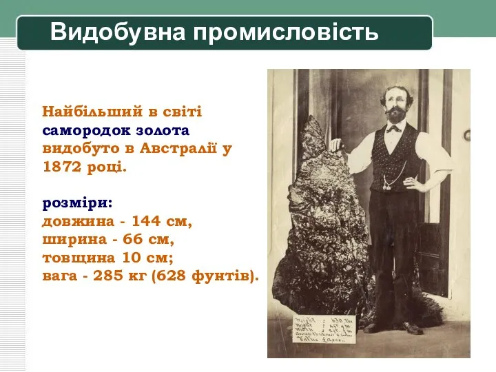 Видобувна промисловість Найбільший в світі самородок золота видобуто в Австралії у 1872