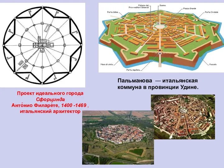 Проект идеального города Сфорцинда Анто́нио Филаре́те, 1400 -1469 , итальянский архитектор Пальманова