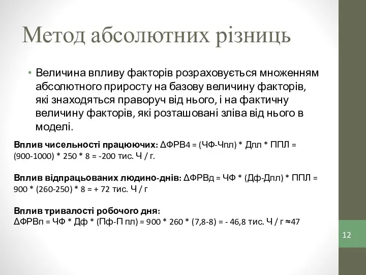 Метод абсолютних різниць Величина впливу факторів розраховується множенням абсолютного приросту на базову