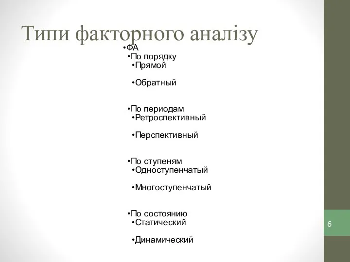 Типи факторного аналізу ФА По порядку Прямой Обратный По периодам Ретроспективный Перспективный