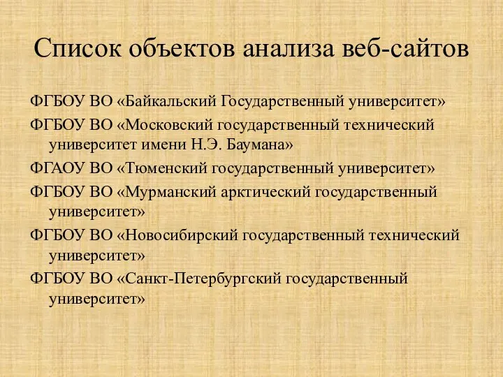 Список объектов анализа веб-сайтов ФГБОУ ВО «Байкальский Государственный университет» ФГБОУ ВО «Московский