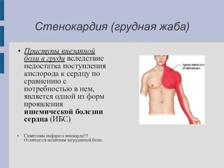 Стенокардия (грудная жаба) Приступы внезапной боли в груди вследствие недостатка поступления кислорода